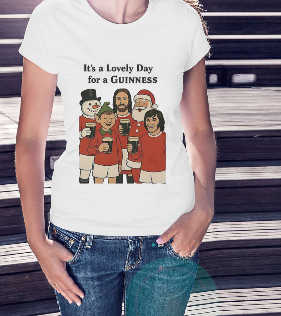 It's A Lovely Day For A Guinness Manchester United Christmas With Festive Characters T-Shirt