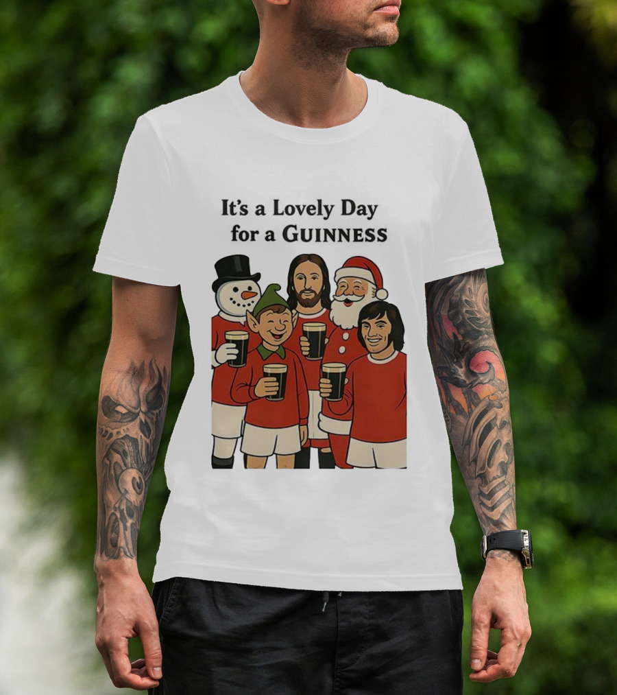 It's A Lovely Day For A Guinness Manchester United Christmas With Festive Characters T-Shirt