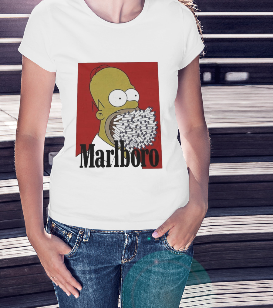 Homer Simpson Cigarette Mouth Marlboro Red Background T-Shirt
