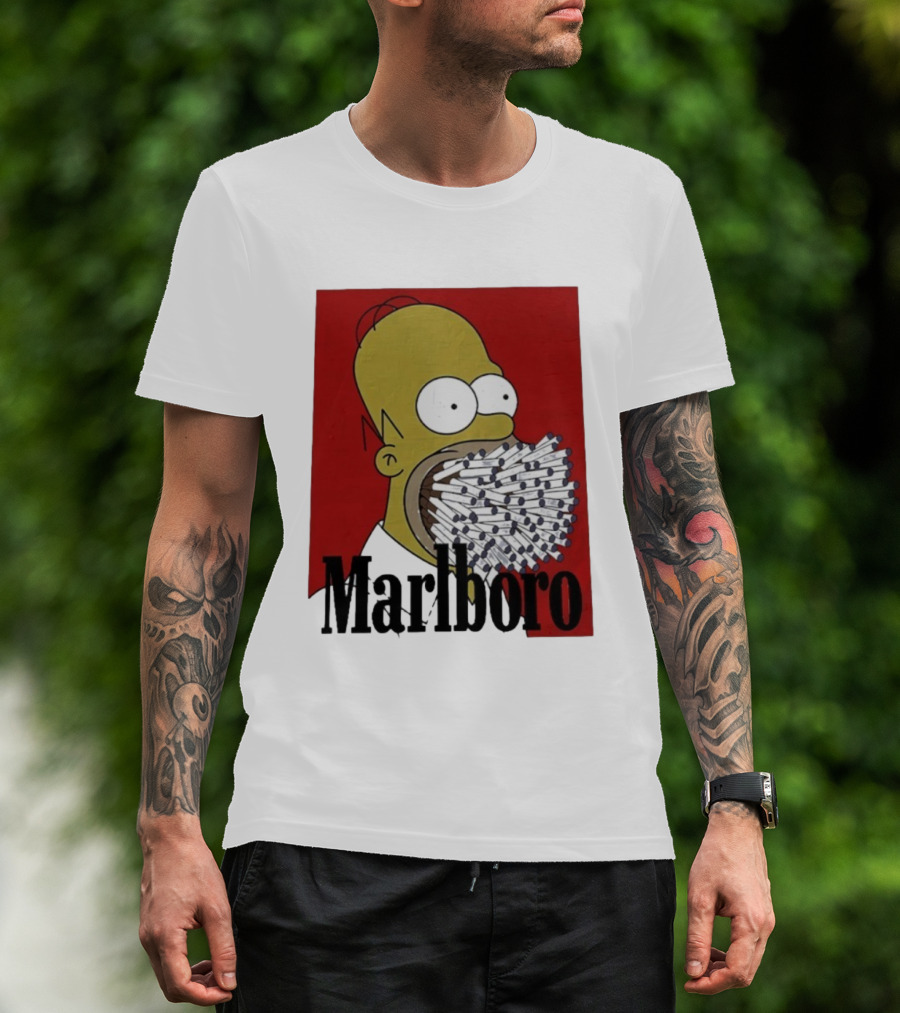 Homer Simpson Cigarette Mouth Marlboro Red Background T-Shirt