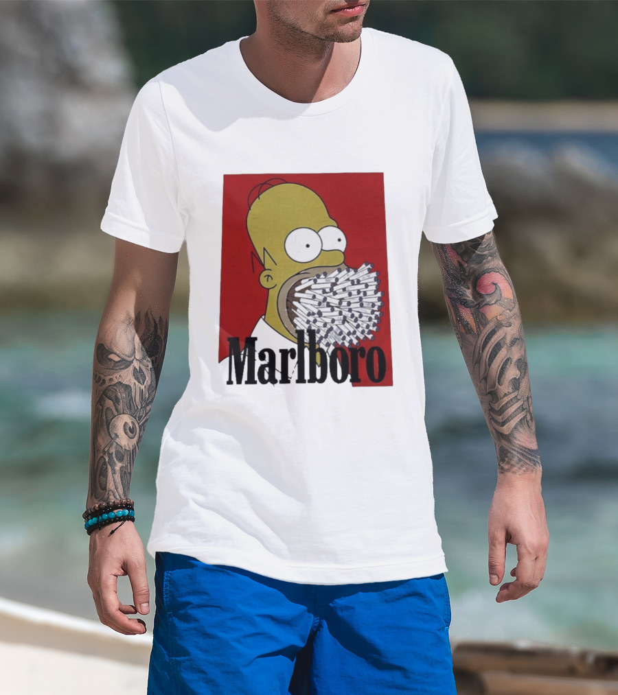 Homer Simpson Cigarette Mouth Marlboro Red Background T-Shirt