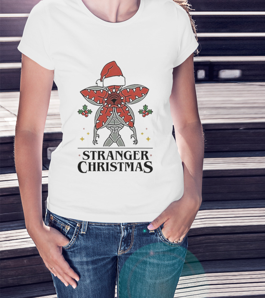 Stranger Christmas Demogorgon Santa Hat Mistletoe Branches Stranger Things T-Shirt