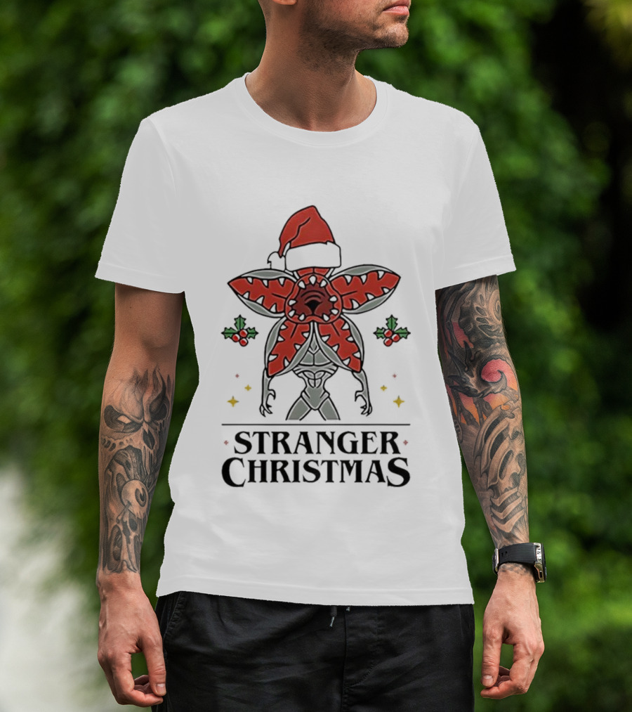 Stranger Christmas Demogorgon Santa Hat Mistletoe Branches Stranger Things T-Shirt