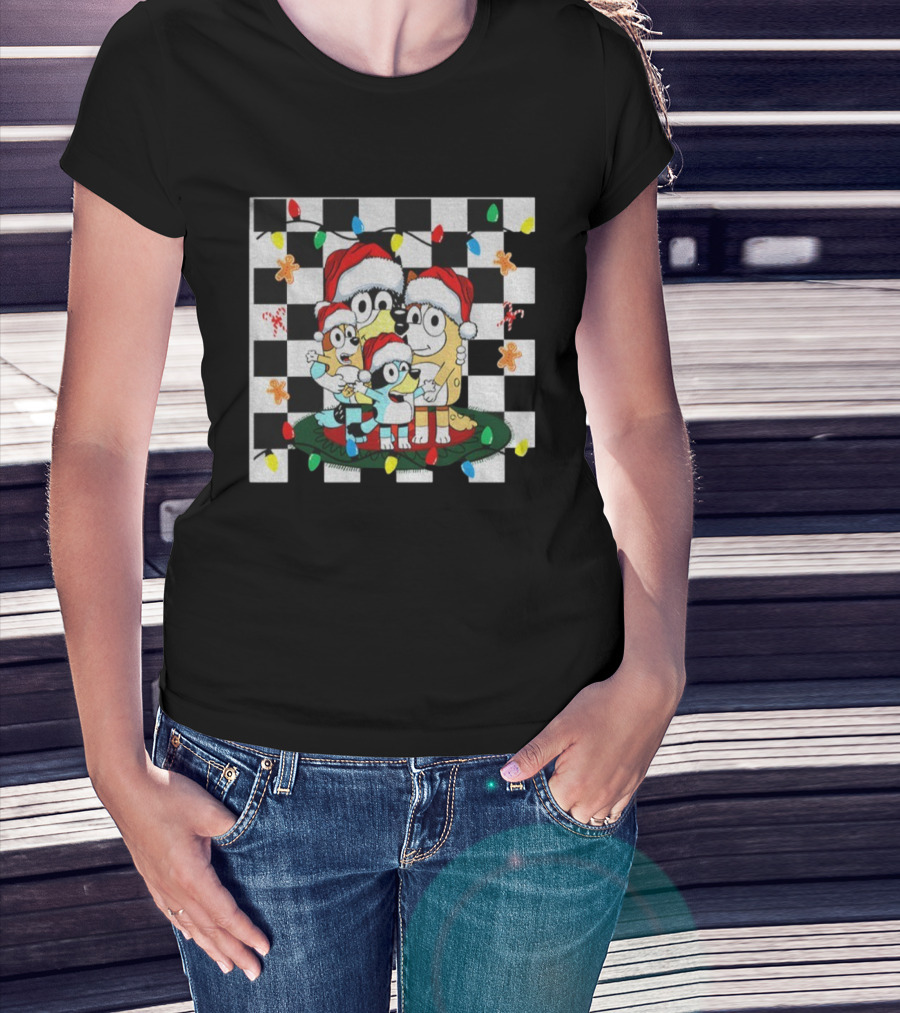 Bluey Family Christmas 2025 Santa Gingerbread Checkered Lights T-Shirt