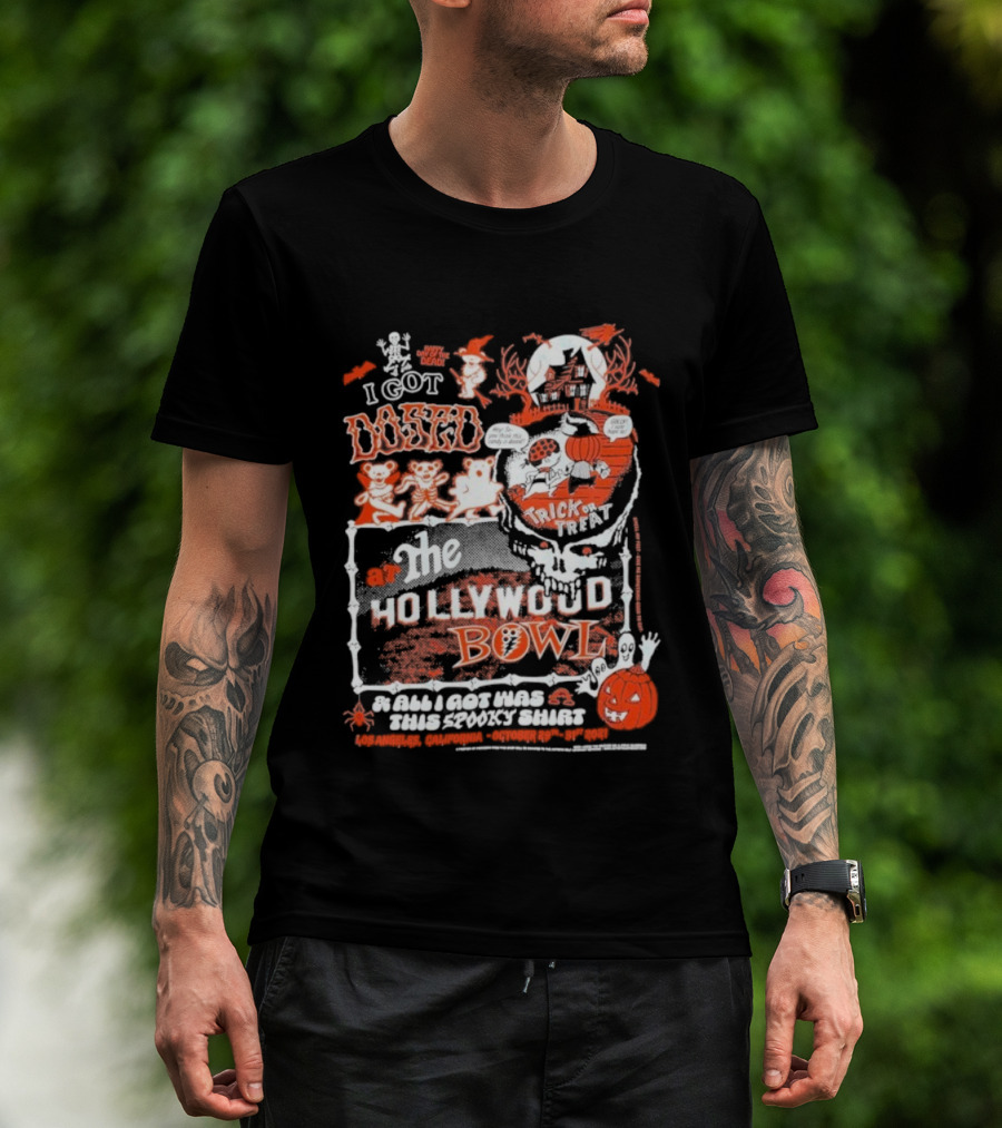 Hollywood Bowl Halloween Trick Or Treat I Got Booed Spooky Skeletons Pumpkin Fun T-Shirt