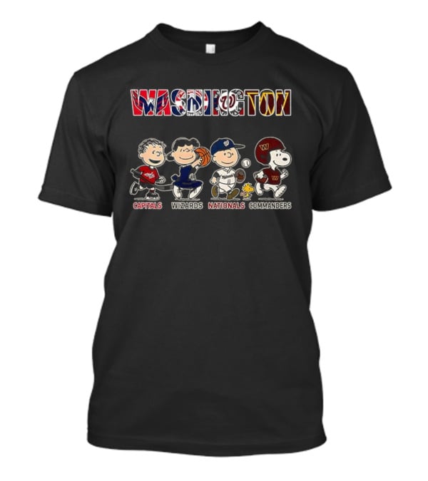 Peanuts Characters With Washington Capitals Wizards Nationals Commanders Logos T-Shirt