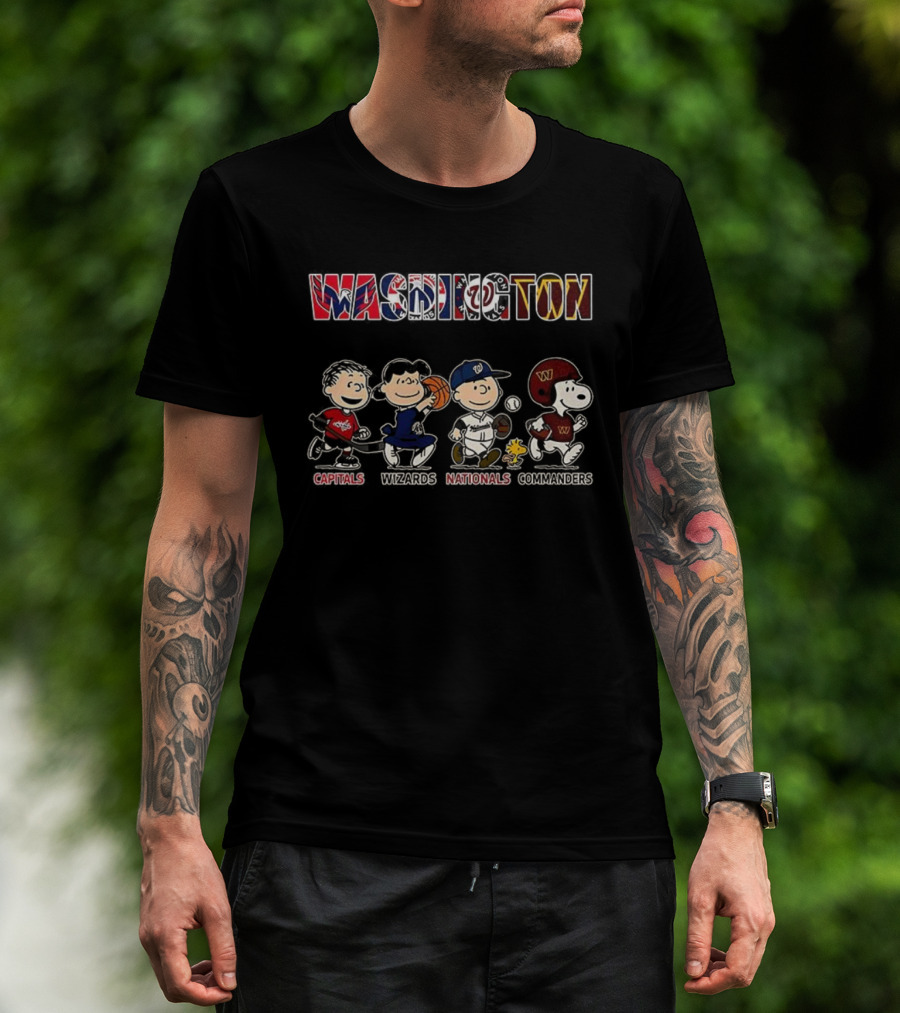 Peanuts Characters With Washington Capitals Wizards Nationals Commanders Logos T-Shirt