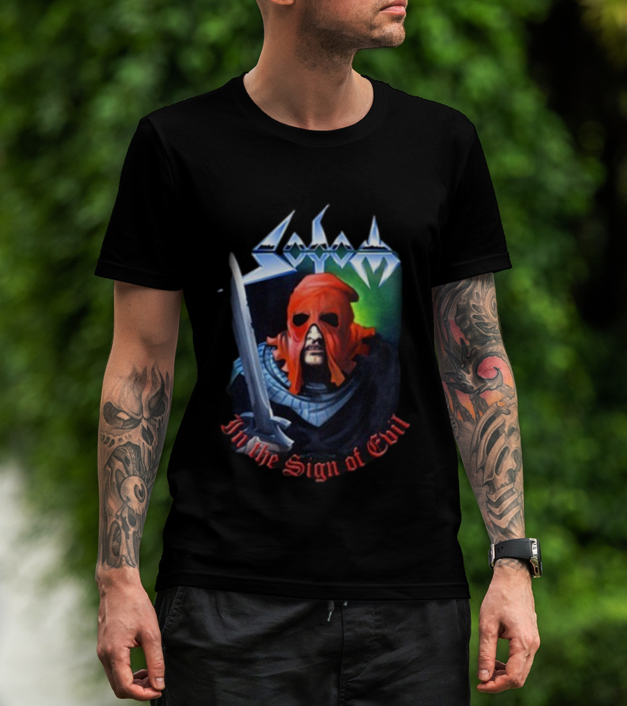 Sodom In The Sign Of Evil 1984 Masked Warrior And Sword Iconic Metal Artwork T-Shirt