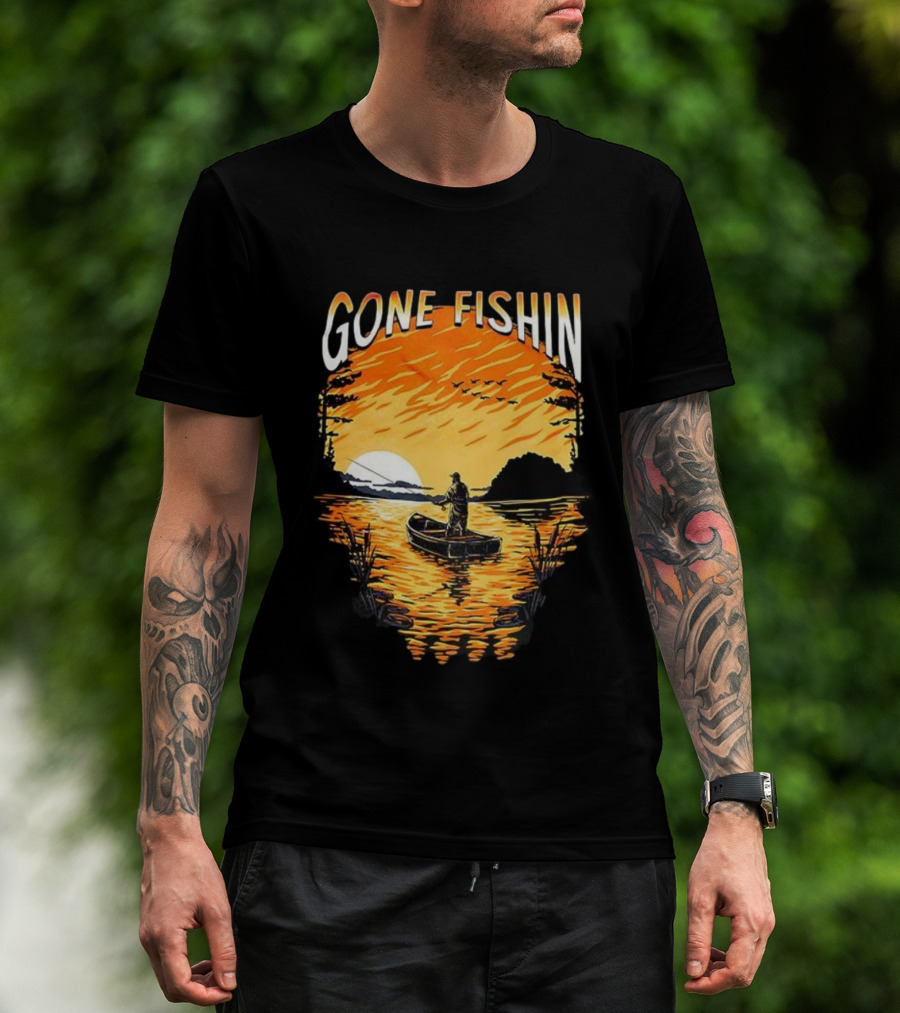 Gone Fishin Sunset Lake Boat Silhouette T-Shirt