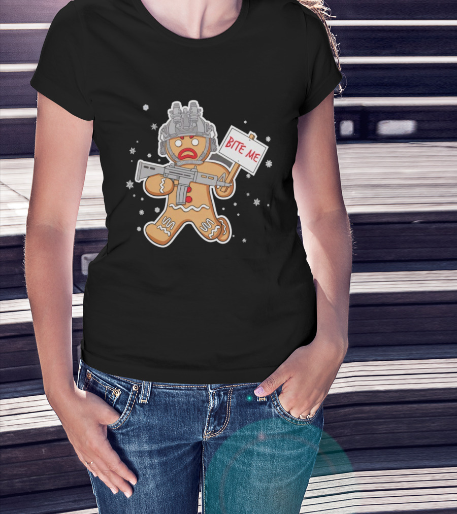 Bite Me Hostile Gingerbread Soldier Holding Sign With Weapon And Helmet T-Shirt