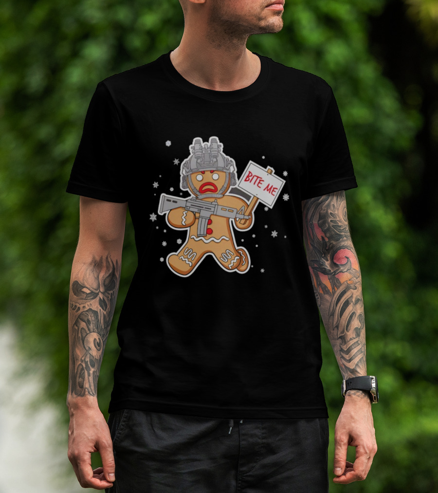 Bite Me Hostile Gingerbread Soldier Holding Sign With Weapon And Helmet T-Shirt
