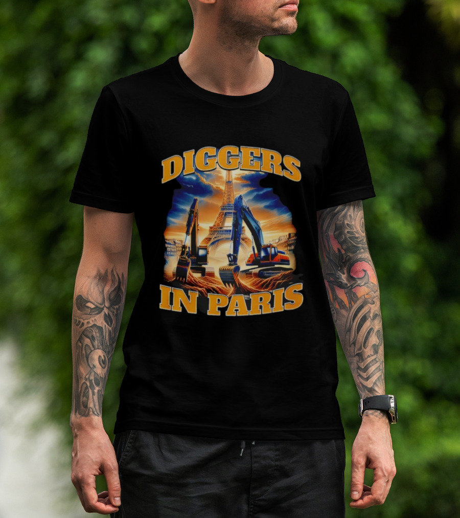 Diggers In Paris Eiffel Tower Excavators Scene T-Shirt