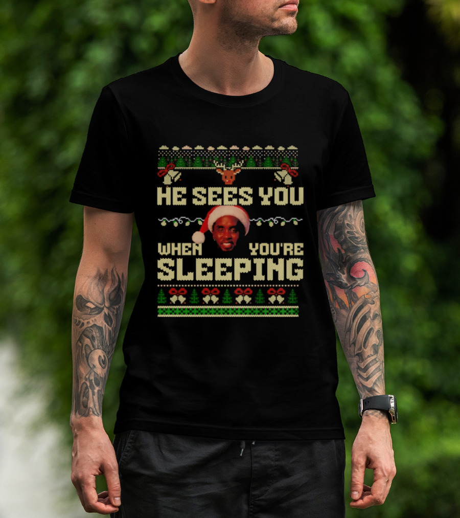 He Sees You When You’re Sleeping Christmas Lights Santa Hat Retro Style T-Shirt