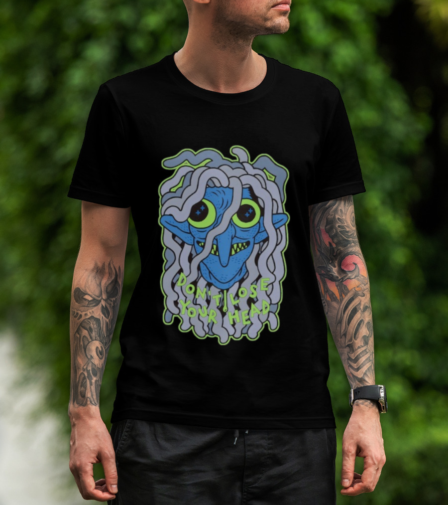 Head Lopper Don’t Lose Your Head Blue Monster Face Bright Green Eyes T-Shirt