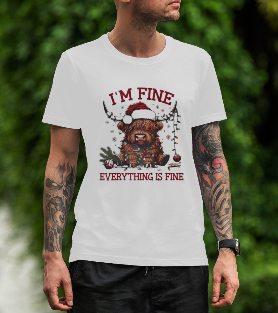 I'm Fine Everything Is Fine Christmas Lights Cow Holiday T-Shirt