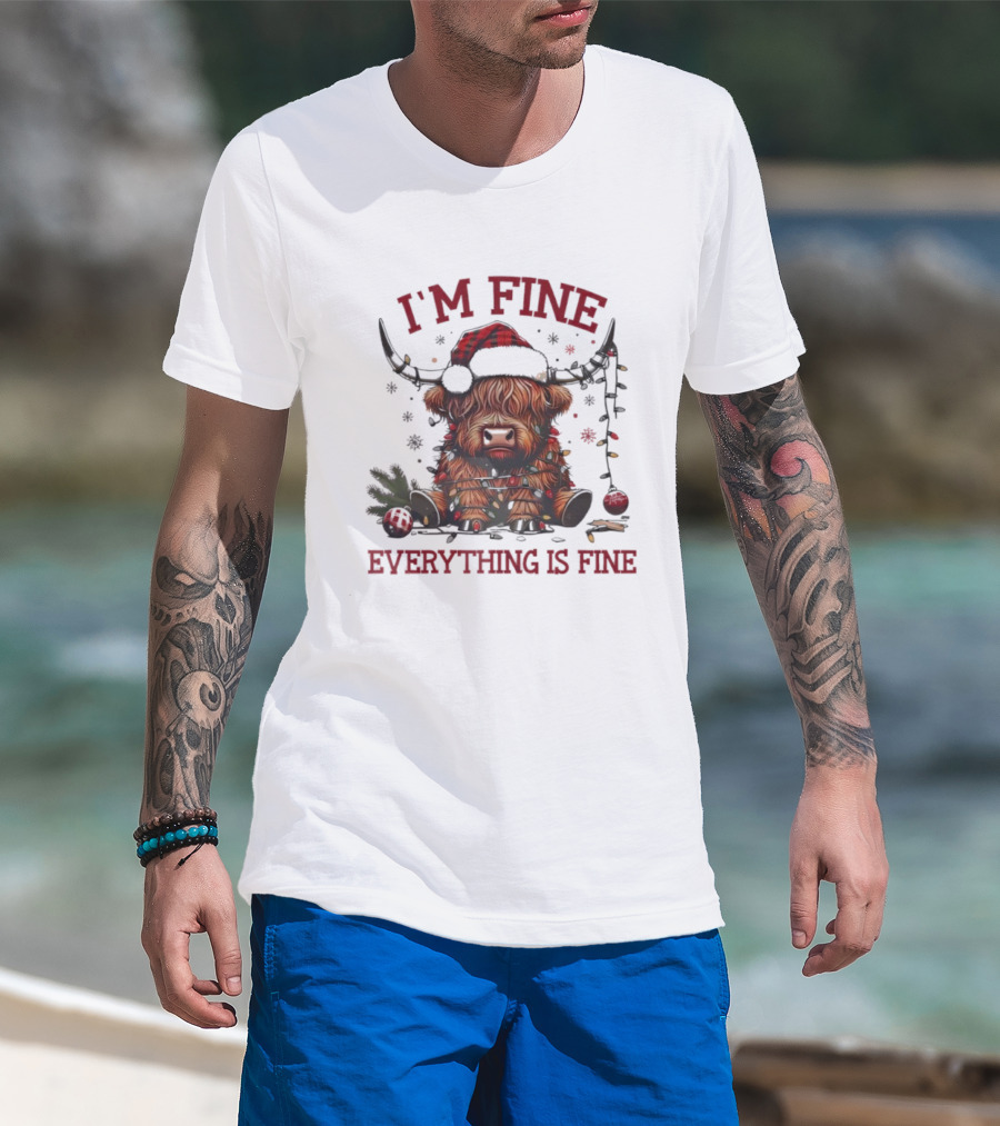 I'm Fine Everything Is Fine Christmas Lights Cow Holiday T-Shirt