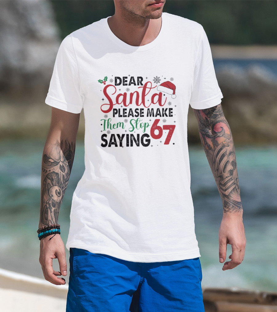 Dear Santa Please Make Them Stop Saying 67 Christmas Santa Hat Holly T-Shirt