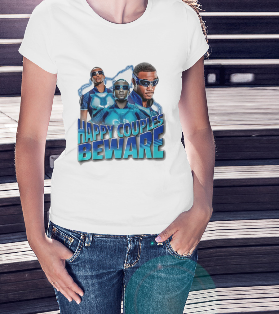Happy Couples Beware Blue Outfits And Sunglasses Trio T-Shirt