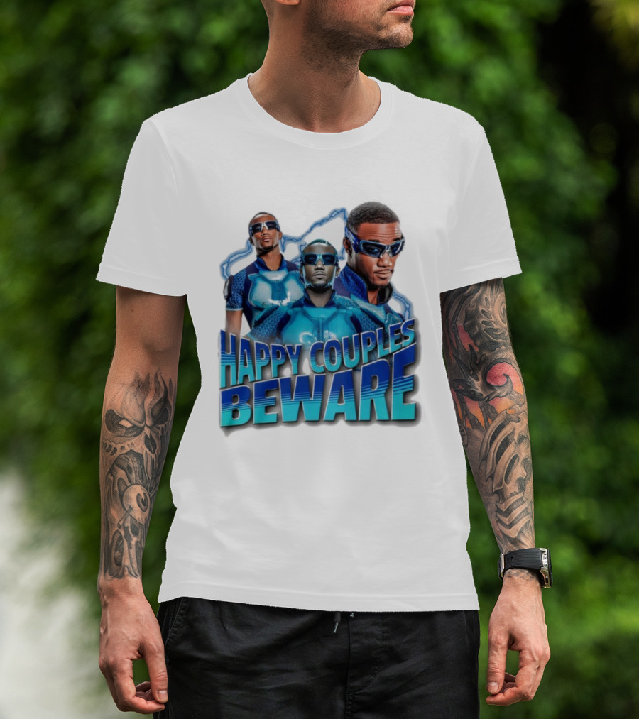 Happy Couples Beware Blue Outfits And Sunglasses Trio T-Shirt