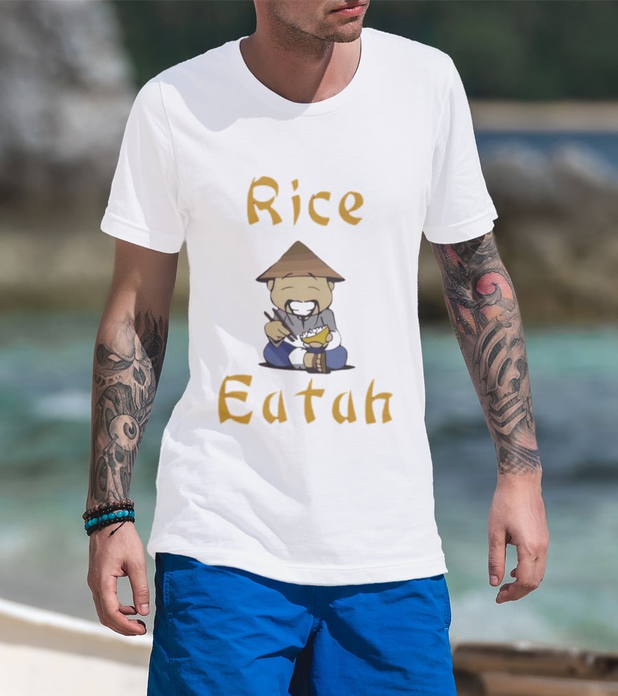 Rice Eatah Character With Straw Hat And Bowl T-Shirt