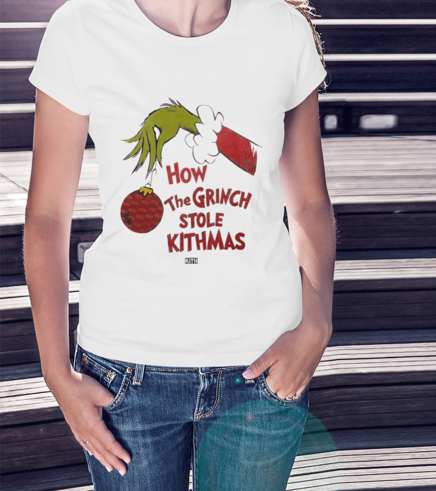 How The Grinch Stole Kithmas Green Figure Red Santa Hat Red Ornament T-Shirt