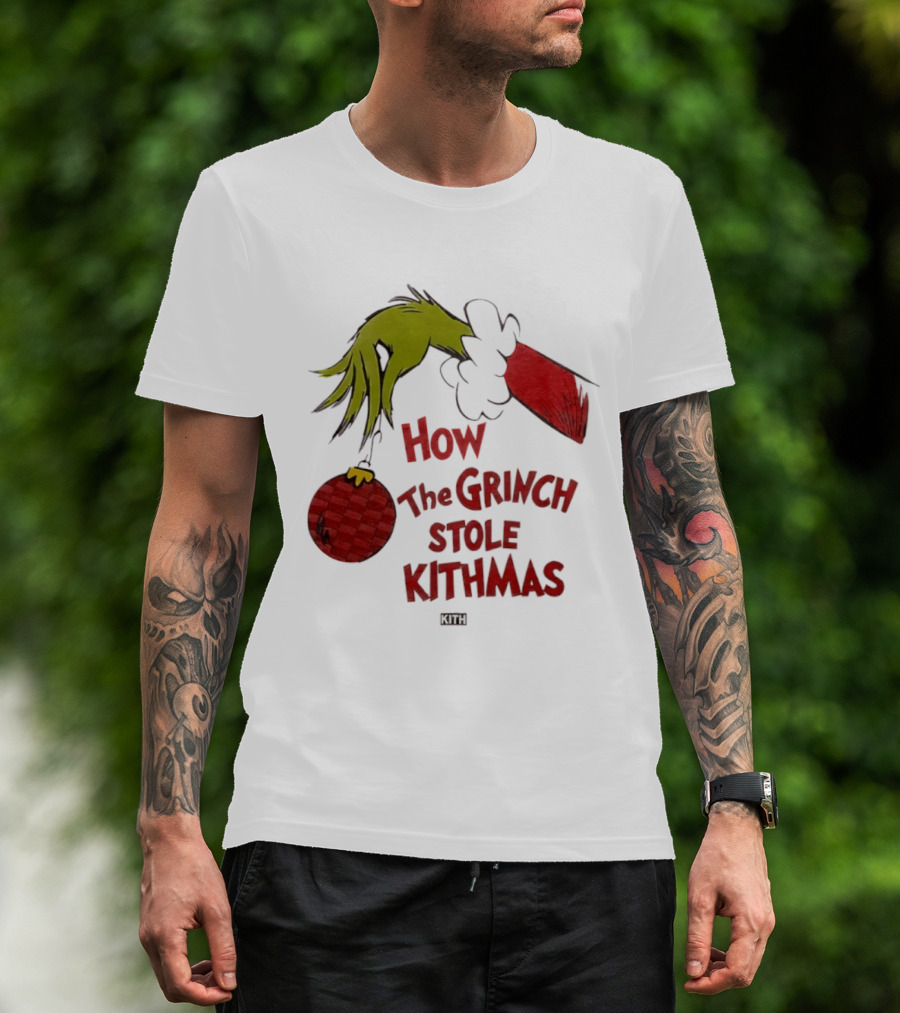 How The Grinch Stole Kithmas Green Figure Red Santa Hat Red Ornament T-Shirt