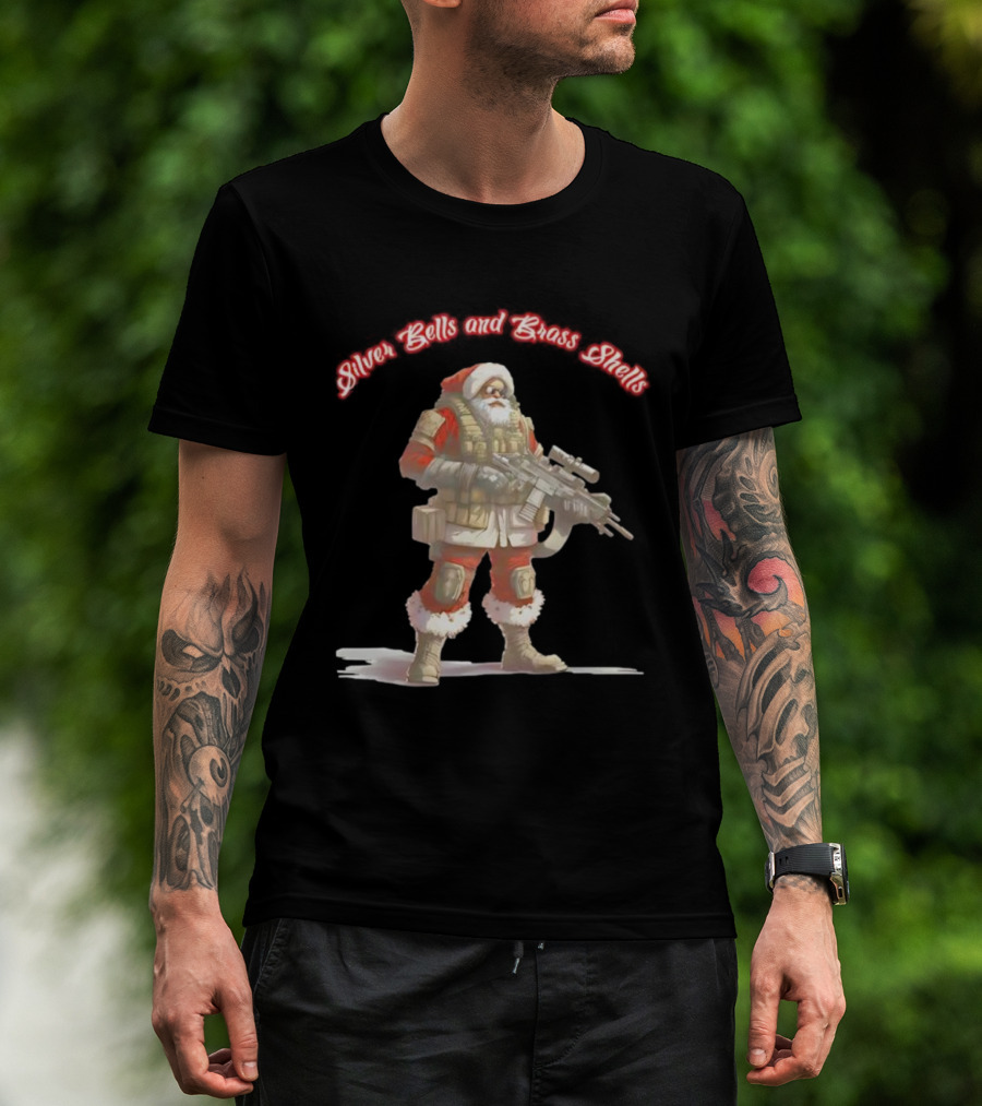Silver Bells And Brass Shells Armed Santa Christmas T-Shirt