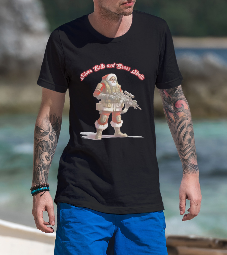 Silver Bells And Brass Shells Armed Santa Christmas T-Shirt