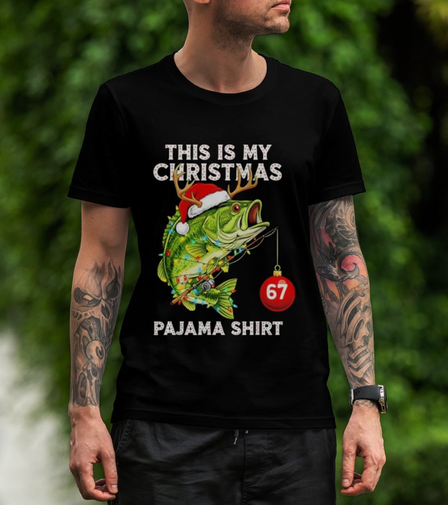 This Is My Christmas Pajama Bass Fish Santa Hat Lights Reindeer Antlers 67 Ornament T-Shirt