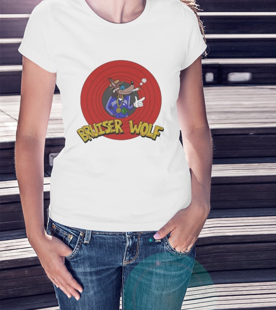 Bruiser Wolf Cartoon Vibes Smoking Character In Circular Red Background T-Shirt