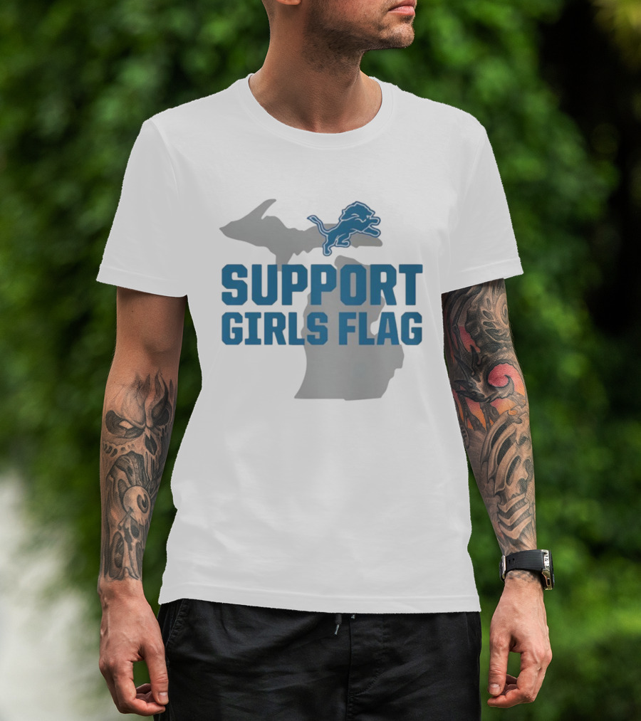 Detroit Lions Support Girls Flag Michigan Map T-Shirt