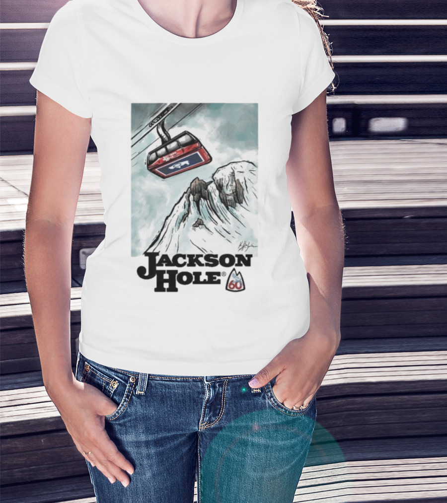 Jackson Hole 60th Anniversary Kelly Halpin Ski Tram Mountain Scene T-Shirt