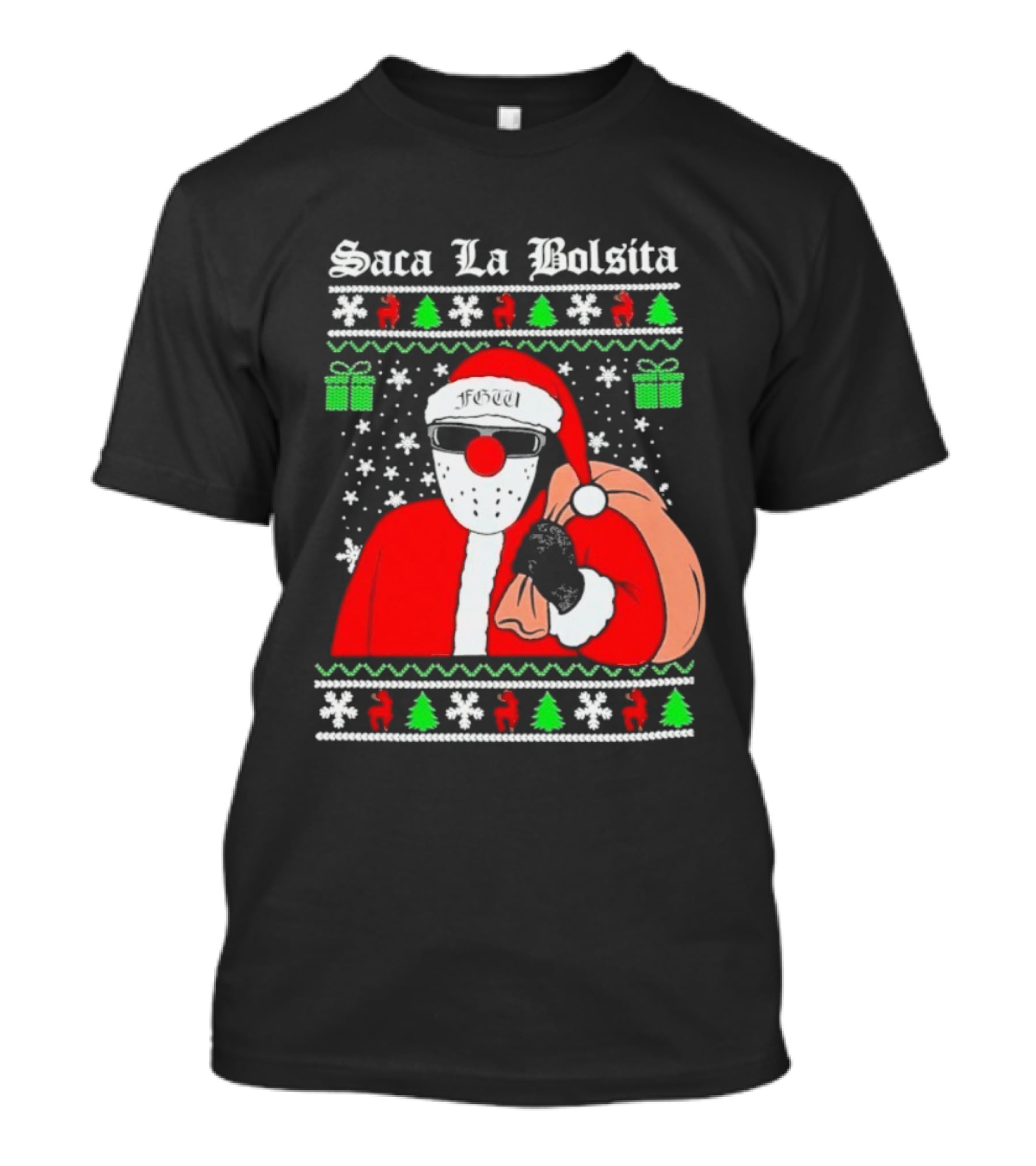 Saca La Bolsita Ugly Xmas Santa With Sunglasses And Bag Snowflakes Christmas Trees T-Shirt