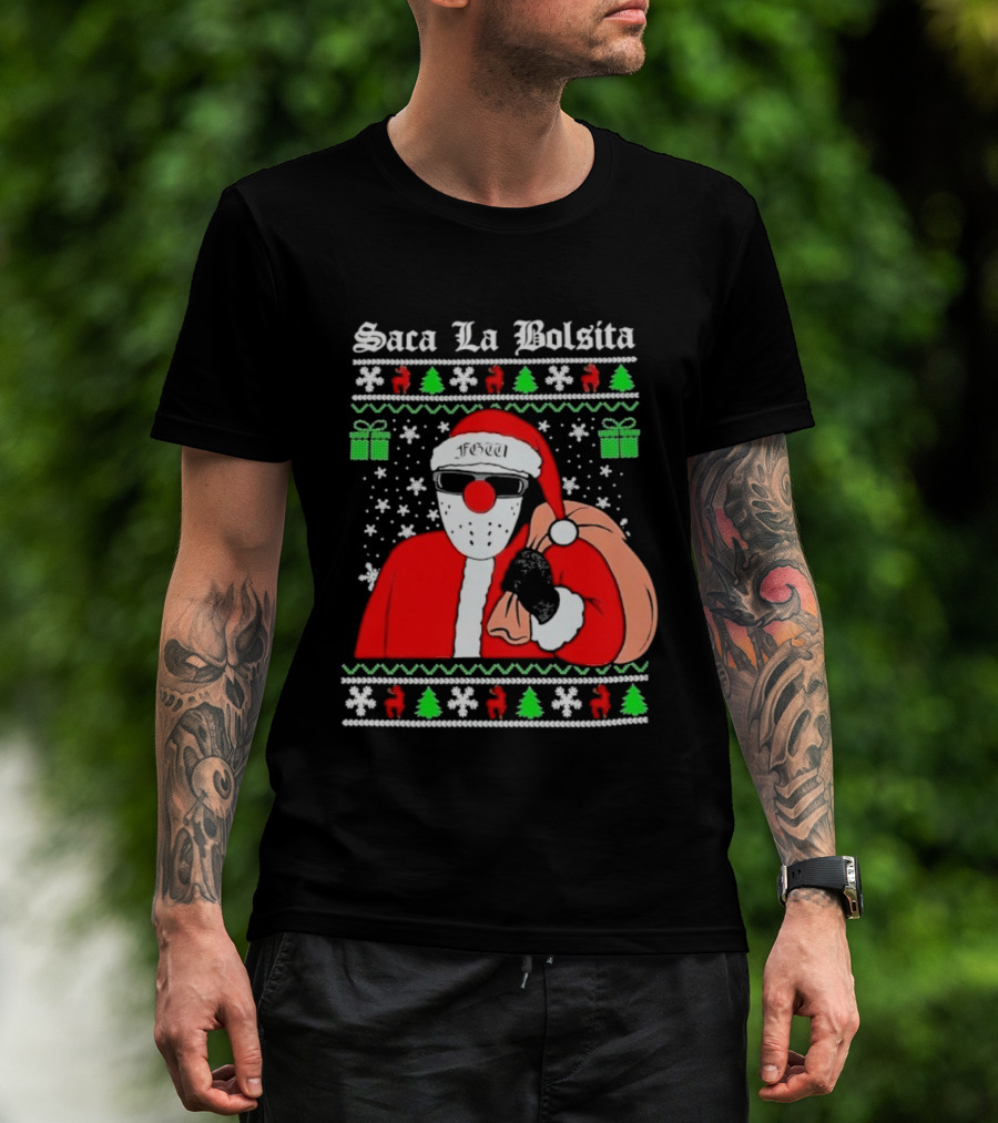 Saca La Bolsita Ugly Xmas Santa With Sunglasses And Bag Snowflakes Christmas Trees T-Shirt