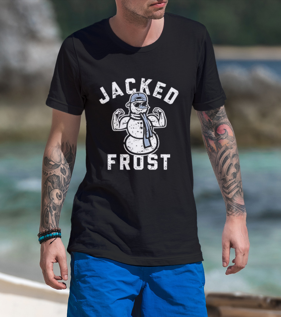 Jacked Frost Snowman Flexing Muscles With Winter Hat And Scarf T-Shirt
