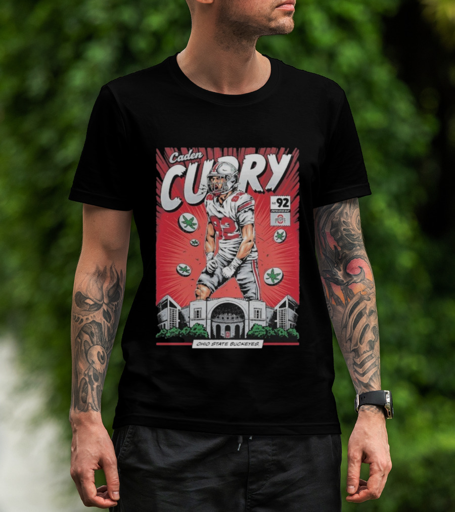 Caden Curry Ohio State Buckeyes #92 Comic Style Football Player Scene T-Shirt