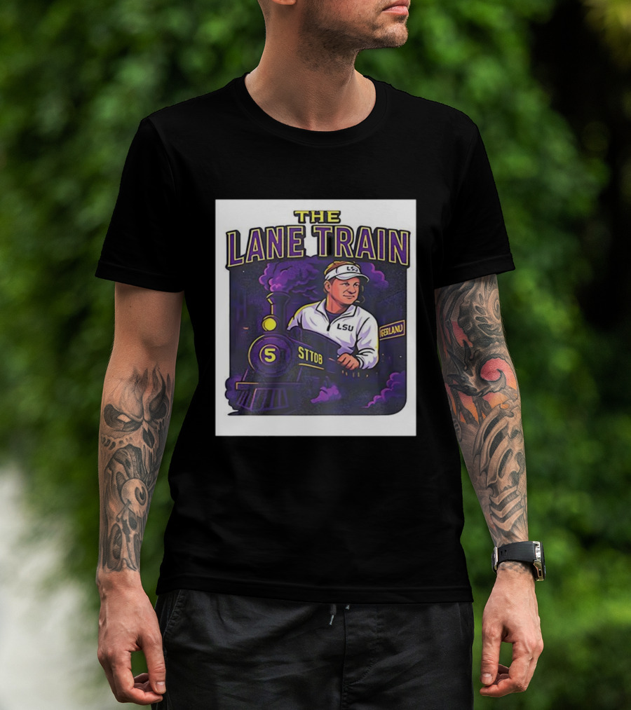 The Lane Train LSU Football Coach Cartoon Train Graphic T-Shirt
