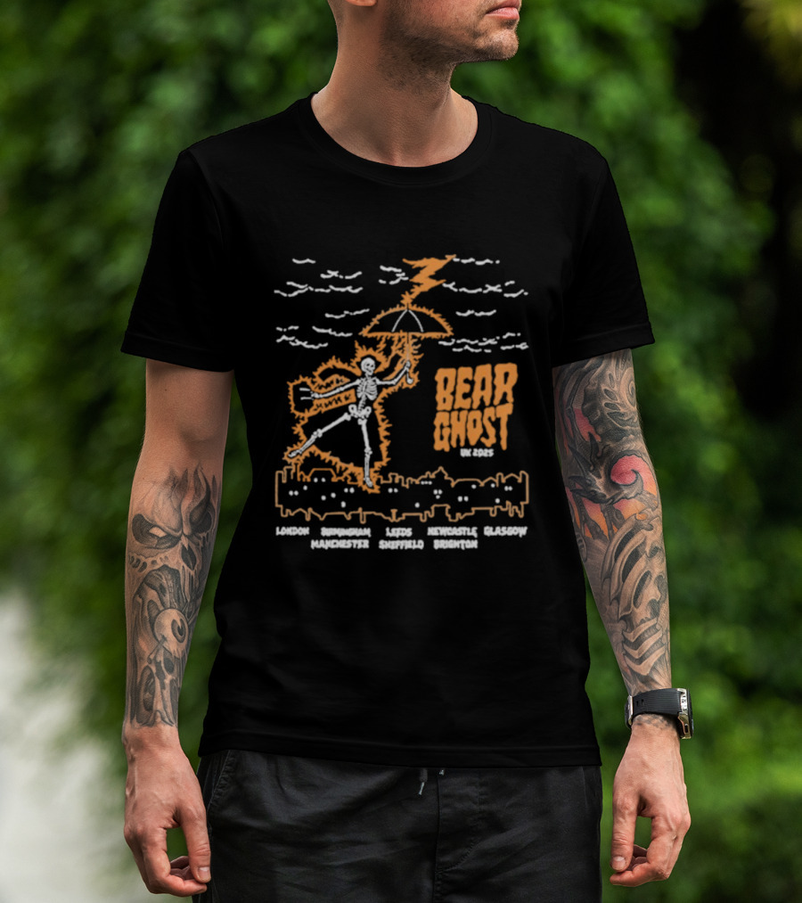 Bear Ghost UK Tour 2025 Skeleton Lightning Umbrella Cities Text T-Shirt