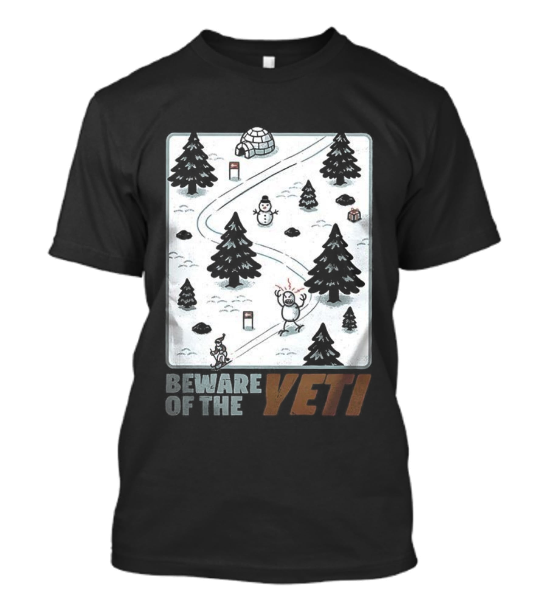 Beware Of The Yeti Funny Cartoon Ski Slope Scene T-Shirt