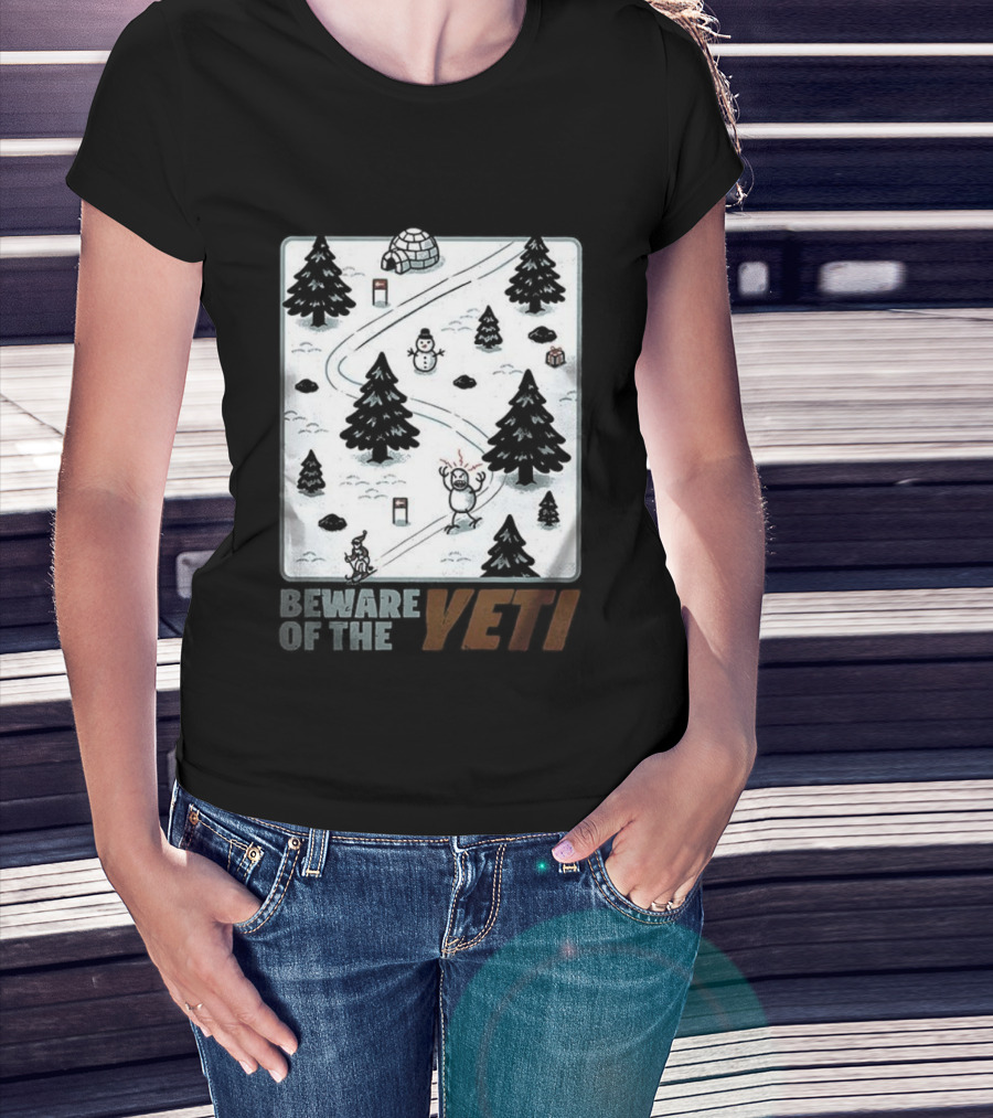 Beware Of The Yeti Funny Cartoon Ski Slope Scene T-Shirt