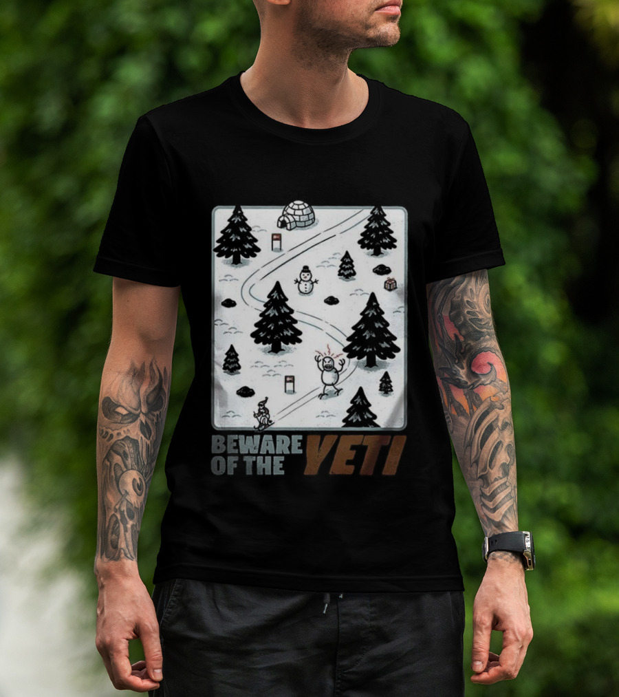 Beware Of The Yeti Funny Cartoon Ski Slope Scene T-Shirt