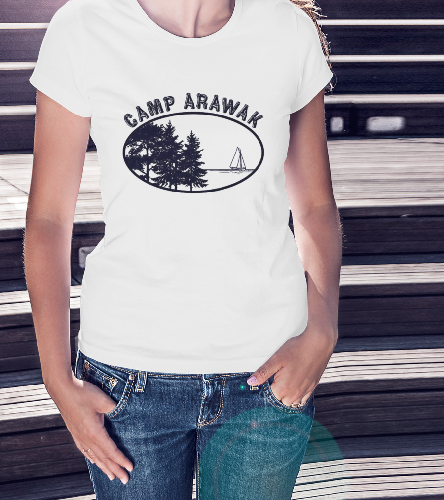 Camp Arawak Trees And Sailboat Scene T-Shirt