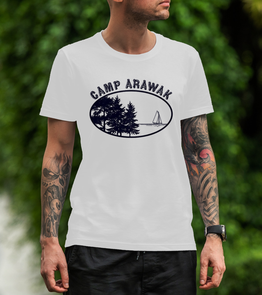Camp Arawak Trees And Sailboat Scene T-Shirt