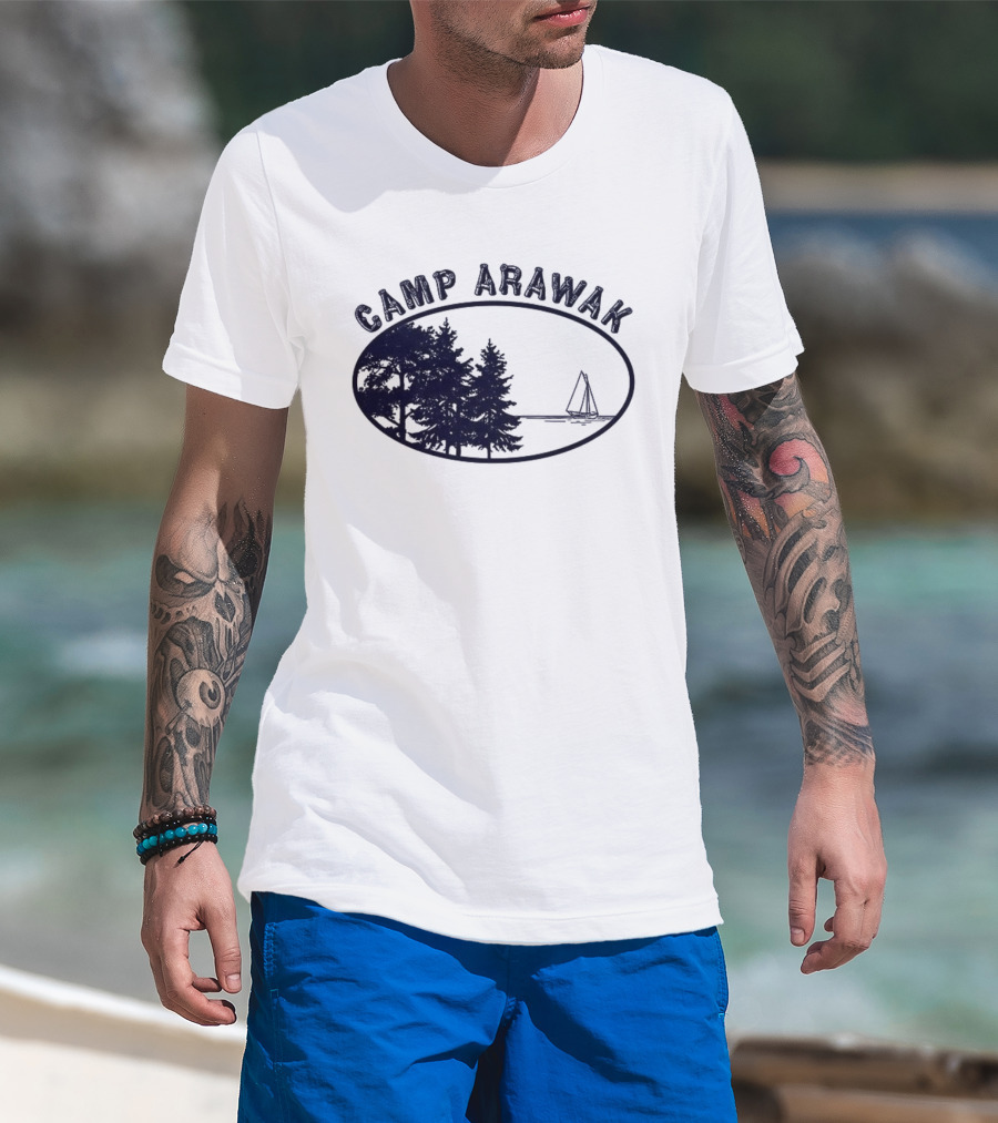 Camp Arawak Trees And Sailboat Scene T-Shirt