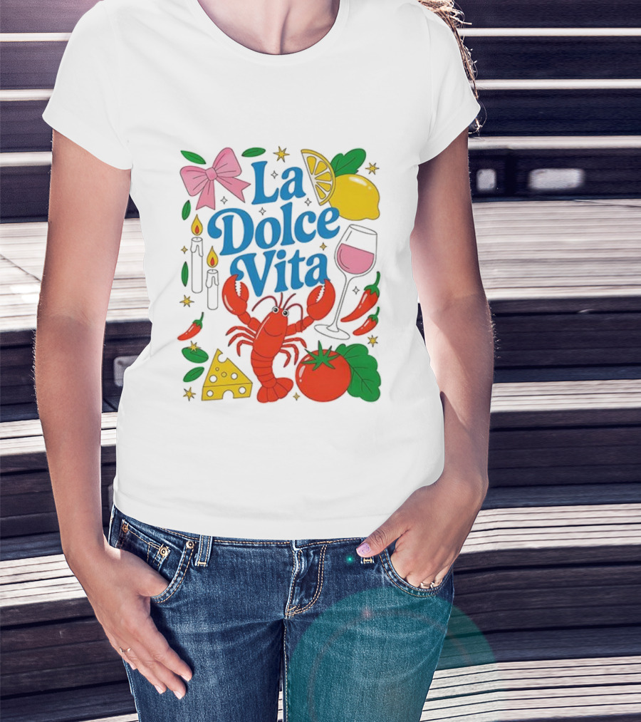 J’aime La Dolce Vita Lobster Lemon Tomato Cheese Bow Candles Wine Peppers T-Shirt