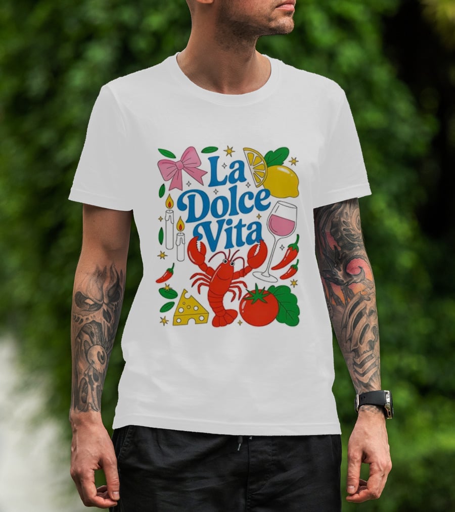J’aime La Dolce Vita Lobster Lemon Tomato Cheese Bow Candles Wine Peppers T-Shirt