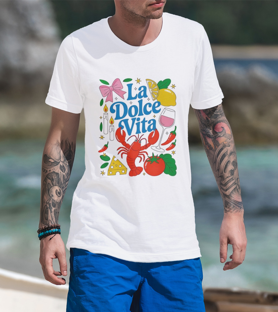 J’aime La Dolce Vita Lobster Lemon Tomato Cheese Bow Candles Wine Peppers T-Shirt