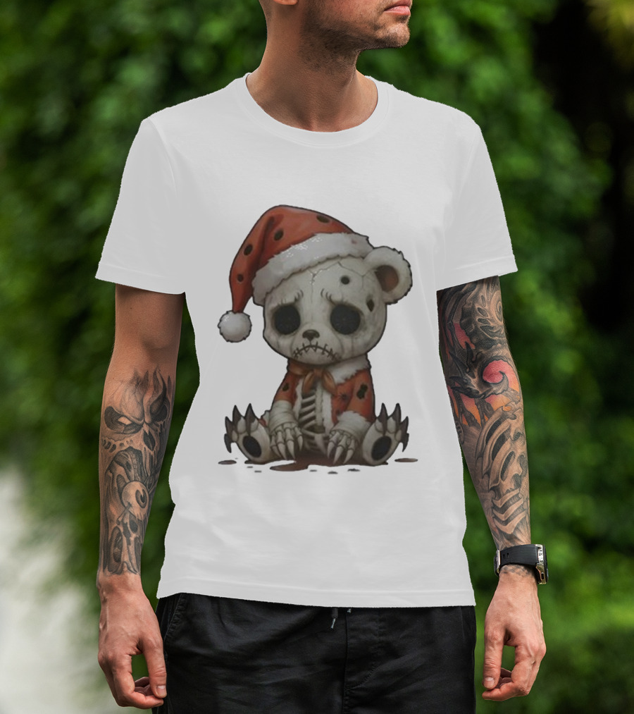 Merry & Boney Christmas Creepy Skeleton Teddy Bear Santa Hat T-Shirt