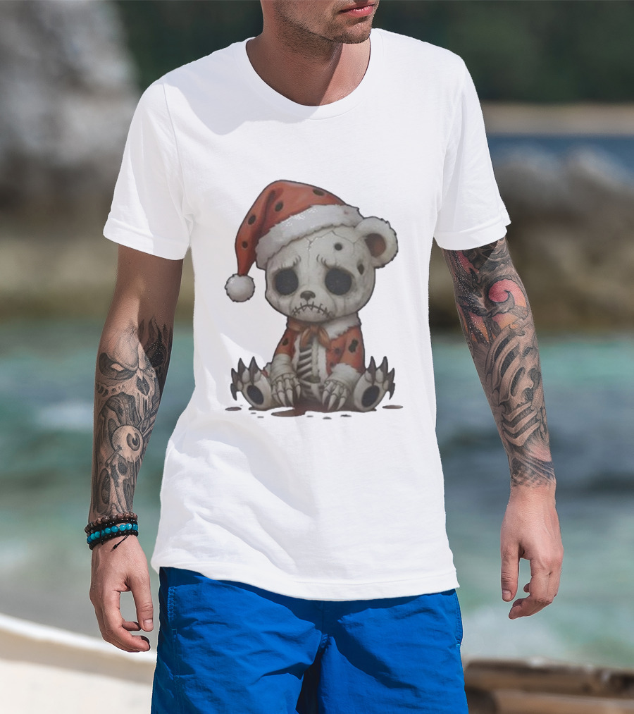Merry & Boney Christmas Creepy Skeleton Teddy Bear Santa Hat T-Shirt