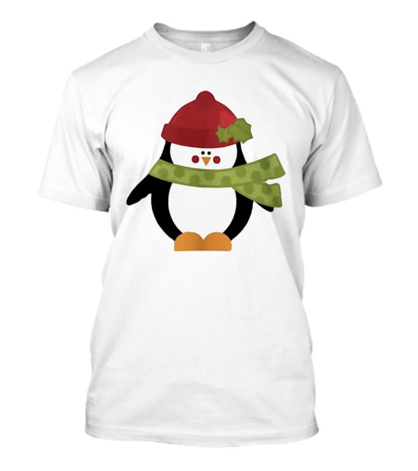 Cute Penguin Christmas Cartoon With Red Hat And Green Scarf T-Shirt